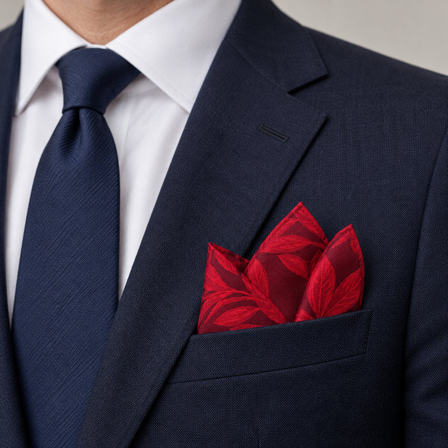 Scarlet Laurel Leaf Silk Pocket Square — navy jacket · pointed fold.
