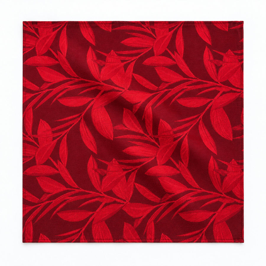 Scarlet Laurel Leaf Silk Pocket Square — unfolded studio detail.