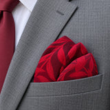 Scarlet Laurel Leaf Silk Pocket Square — close-up wearing detail.