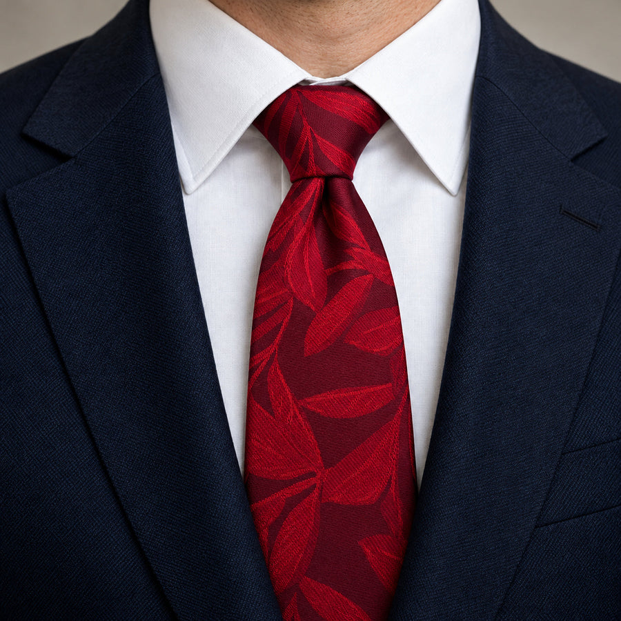 Scarlet Laurel Leaf Silk Tie — Knot and lapel close-up