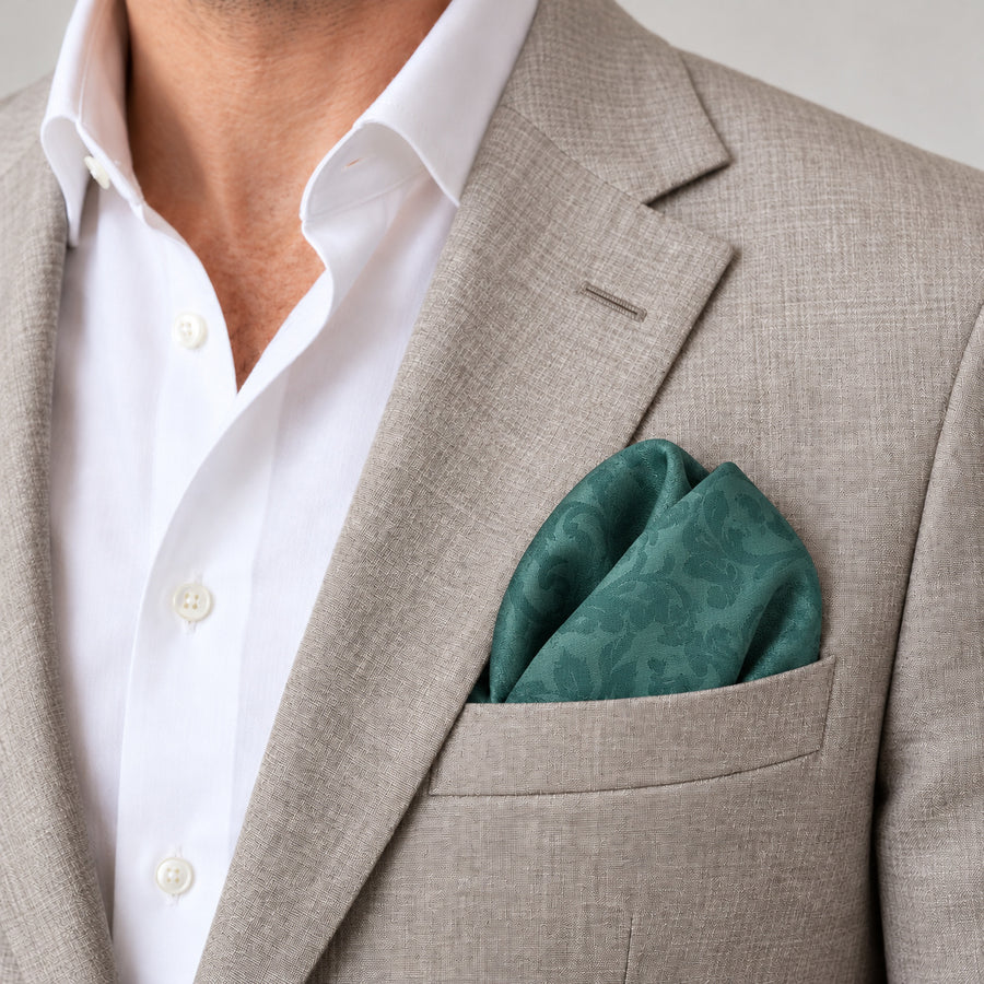 Sea Green Scroll Damask Silk Pocket Square — Light jacket · rounded puff