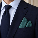 Sea Green Scroll Damask Silk Pocket Square — Navy jacket · pointed fold