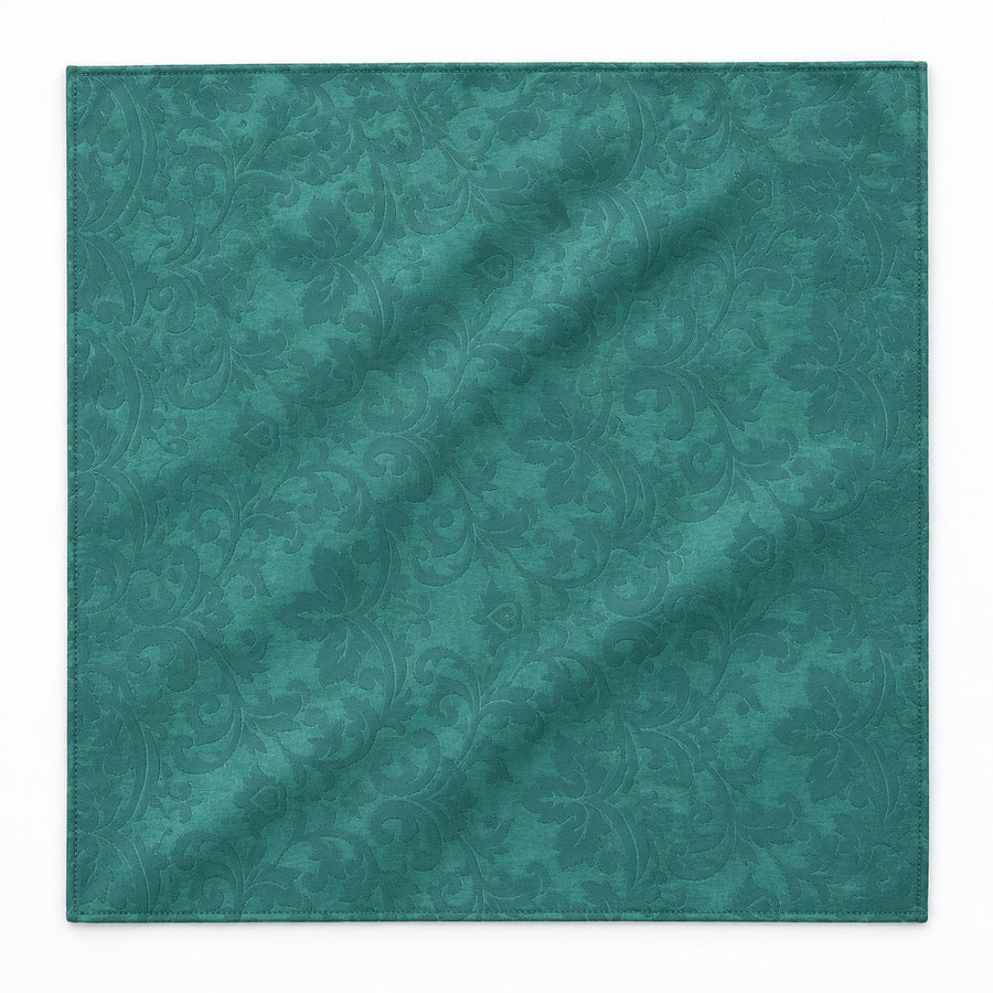 Sea Green Scroll Damask Silk Pocket Square — Unfolded studio detail