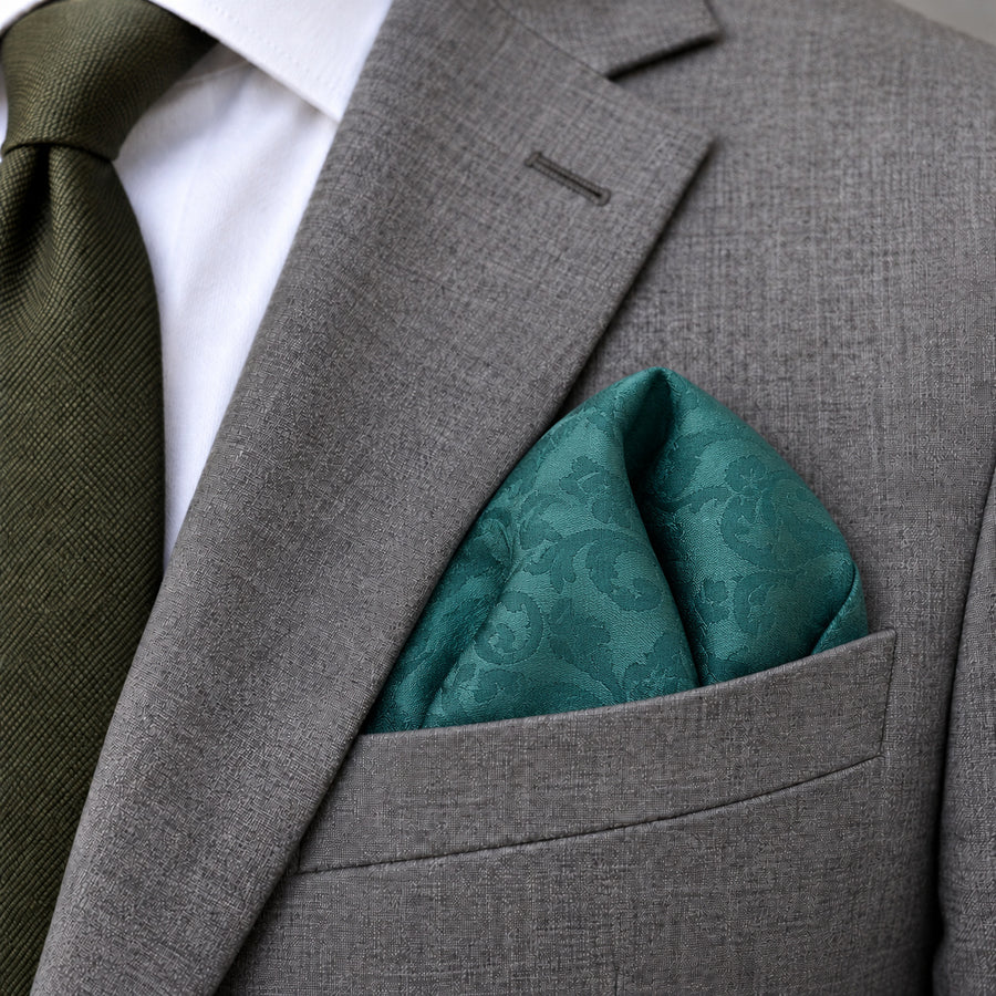 Sea Green Scroll Damask Silk Pocket Square — Close-up wearing detail