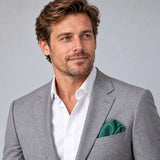 Sea Green Scroll Damask Silk Pocket Square — Model · light grey and open collar