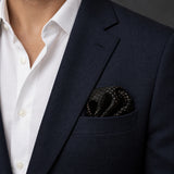 Seamless Geometric Dotted pocket square — navy jacket · wearing detail.