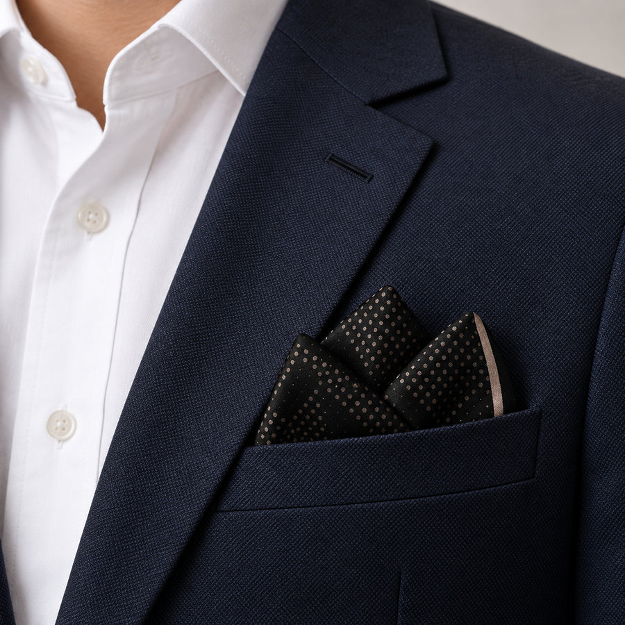 Seamless Geometric Dotted pocket square — navy jacket · alternate fold.