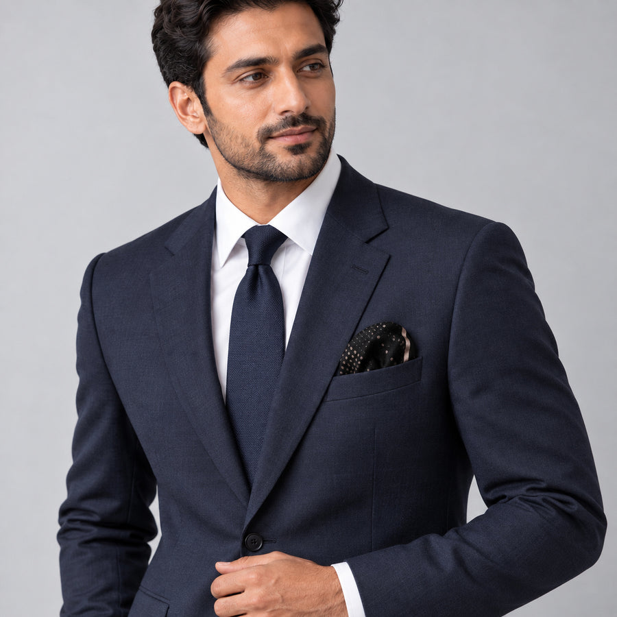 Seamless Geometric Dotted pocket square — formal model · navy and tie.