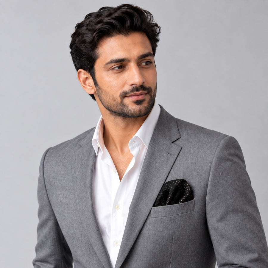 Seamless Geometric Dotted pocket square — model · light grey and open collar.