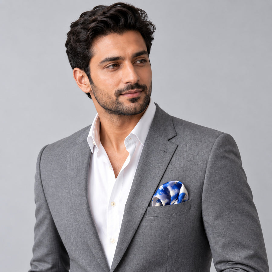 Seamless Hand Drawn Pattern pocket square — model · light grey and open collar.