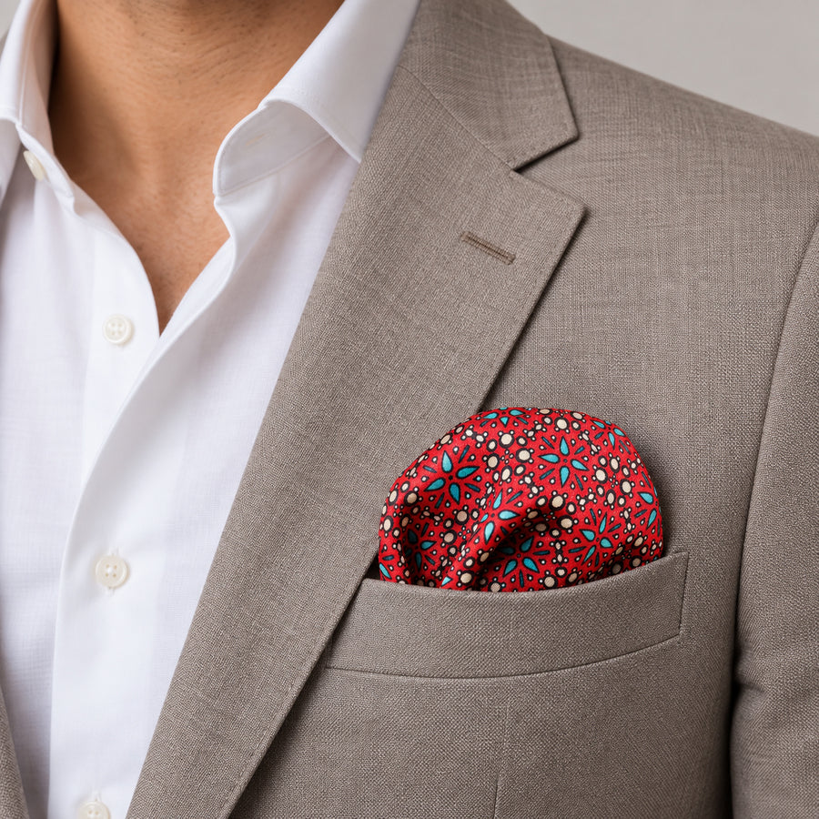 Seamless Repeat Pattern pocket square — light jacket · wearing detail.