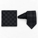 Shadow Checkerboard silk tie and matching pocket square — Natural coiled pair