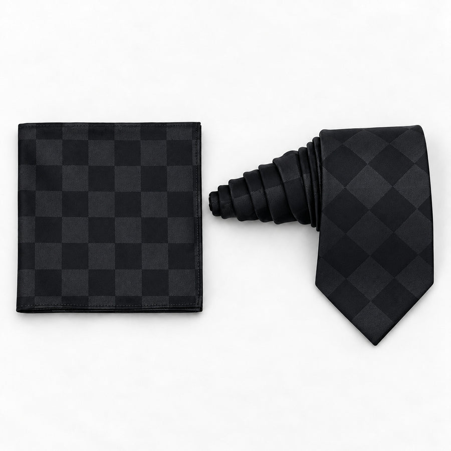 Shadow Checkerboard silk tie and matching pocket square — Natural coiled pair