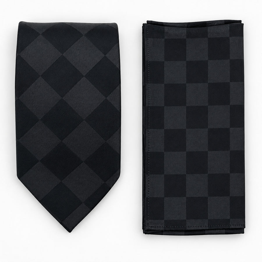 Shadow Checkerboard silk tie and matching pocket square — Matching weave and hem