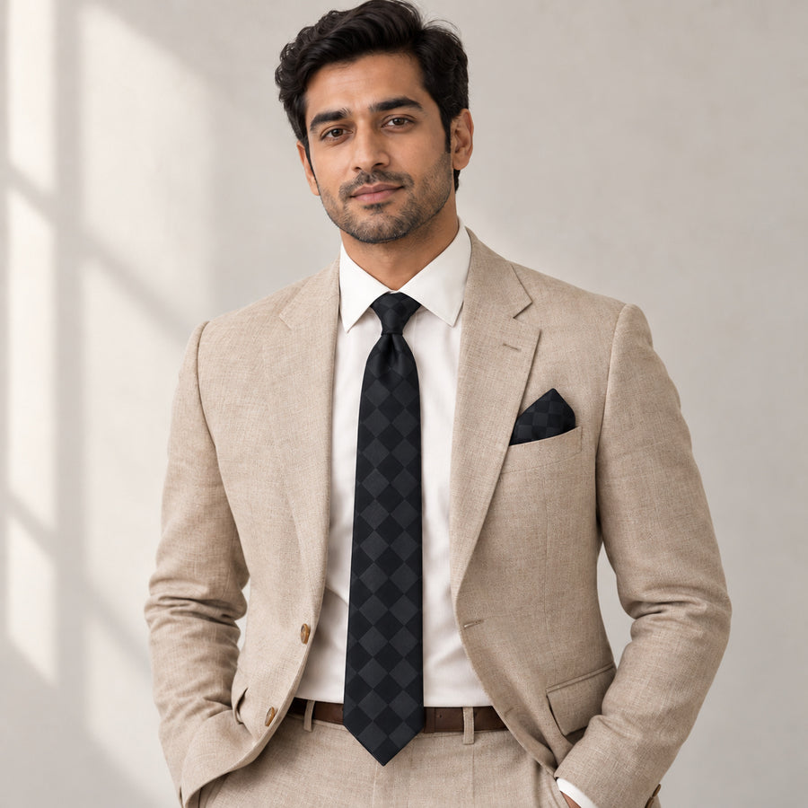 Shadow Checkerboard silk tie and matching pocket square — Light beige · studio portrait