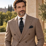 Shadow Checkerboard silk tie and matching pocket square — Dark beige · terrace tailoring