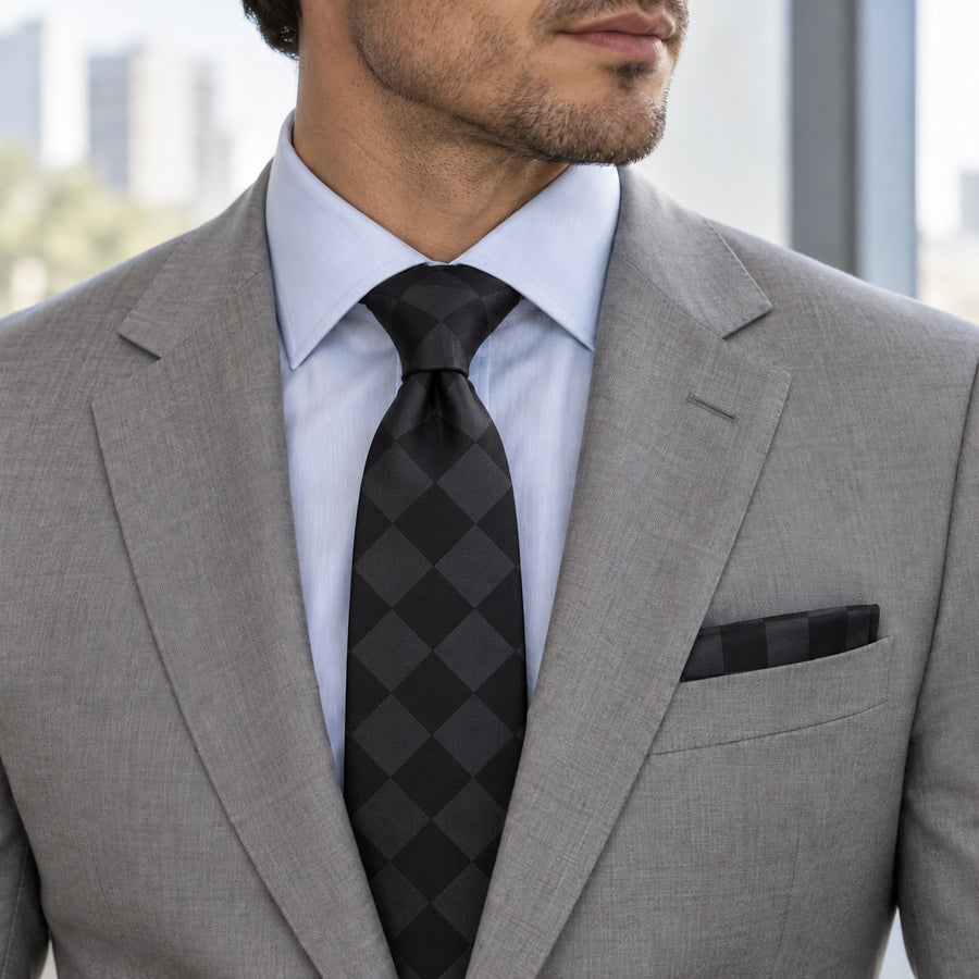 Shadow Checkerboard silk tie and matching pocket square — Stone grey · pale blue shirt