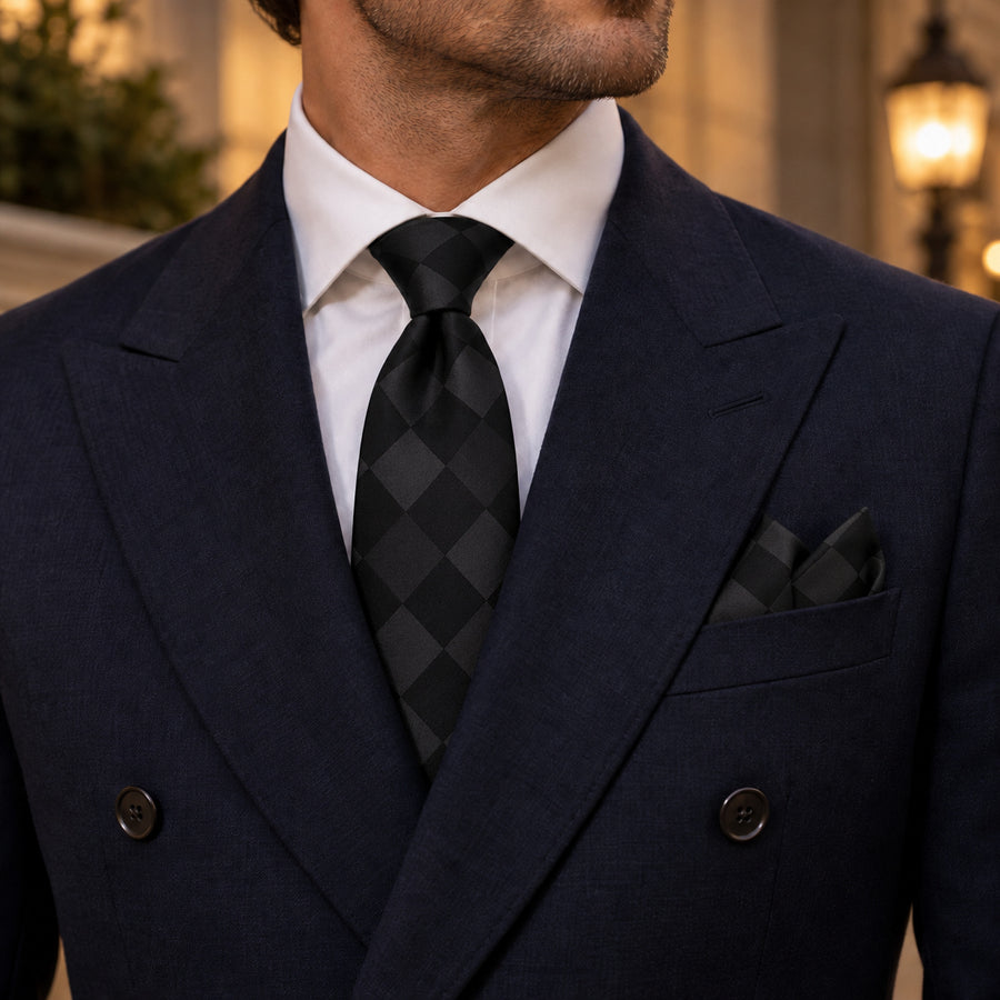 Shadow Checkerboard silk tie and matching pocket square — Midnight blue · evening detail