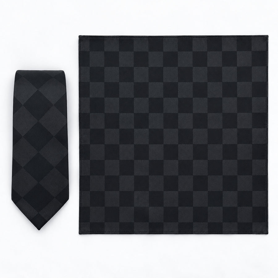 Shadow Checkerboard silk tie and matching pocket square — Full square · overhead pair