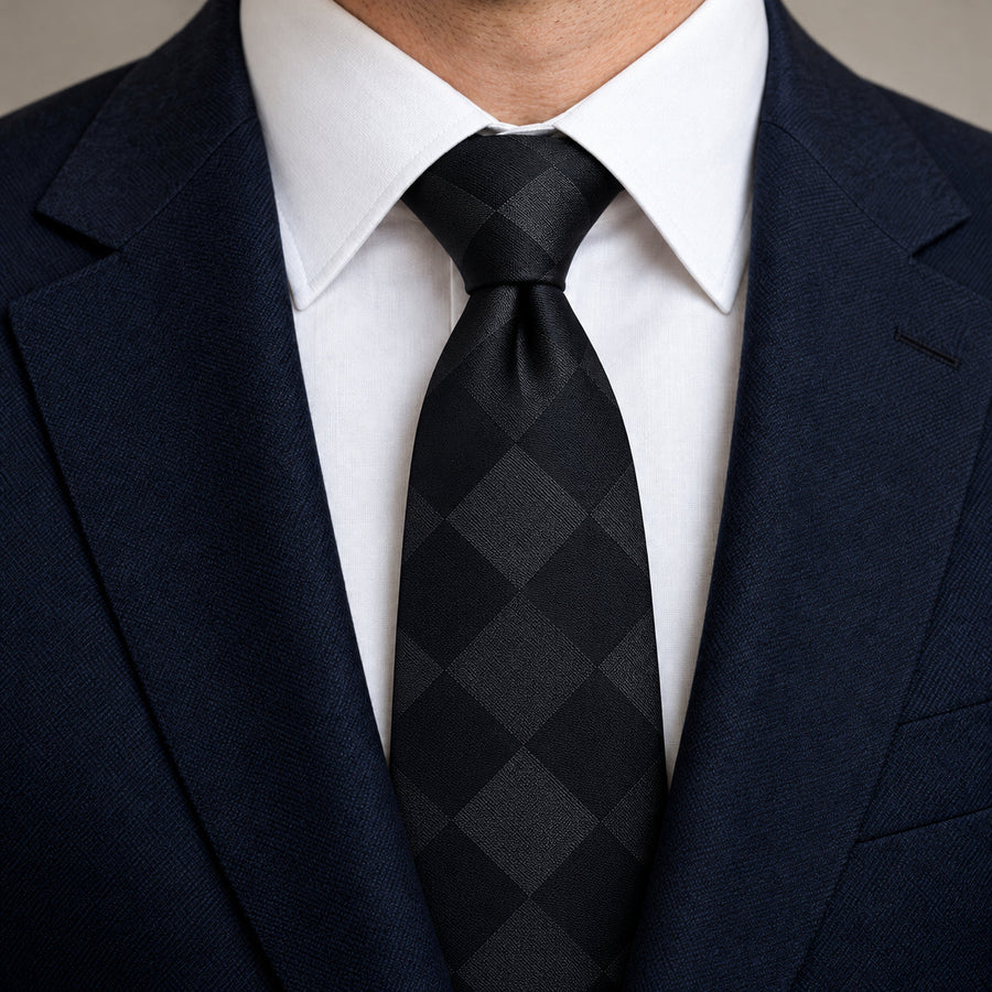 Shadow Checkerboard Silk Tie — Knot and lapel close-up