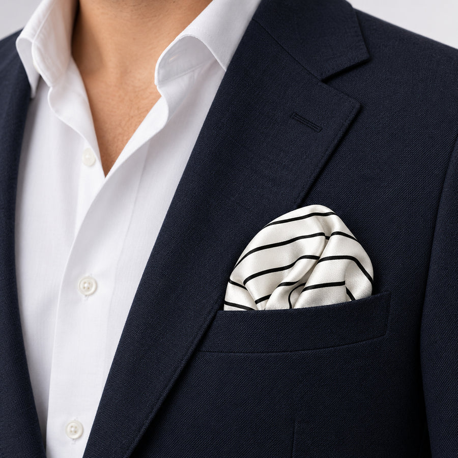 Sleek Black & White Stripes pocket square — navy jacket · wearing detail.