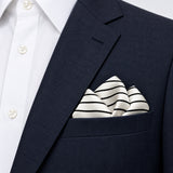 Sleek Black & White Stripes pocket square — navy jacket · alternate fold.