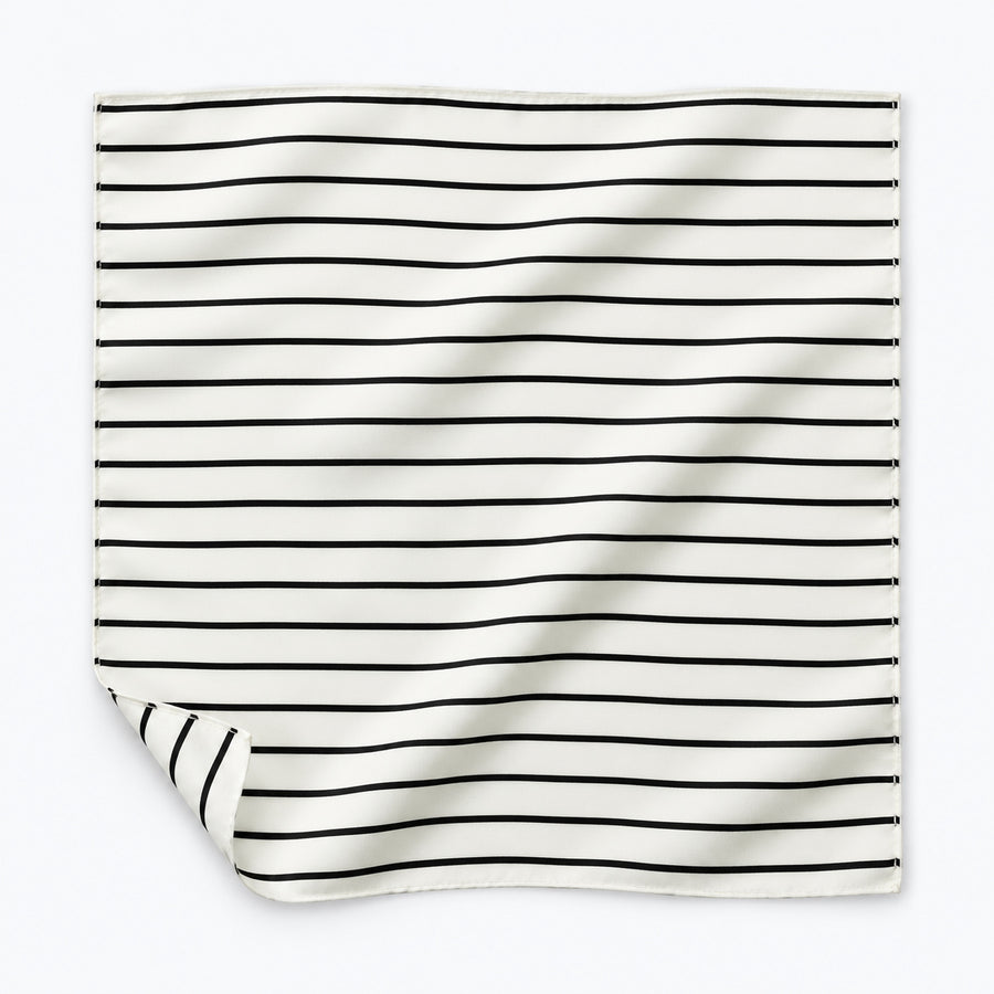 Sleek Black & White Stripes pocket square — unfolded studio detail.