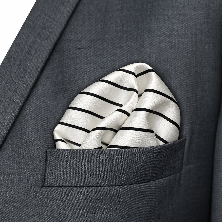 Sleek Black & White Stripes pocket square — close-up wearing detail.