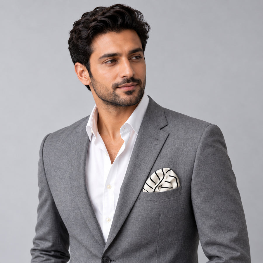Sleek Black & White Stripes pocket square — model · light grey and open collar.