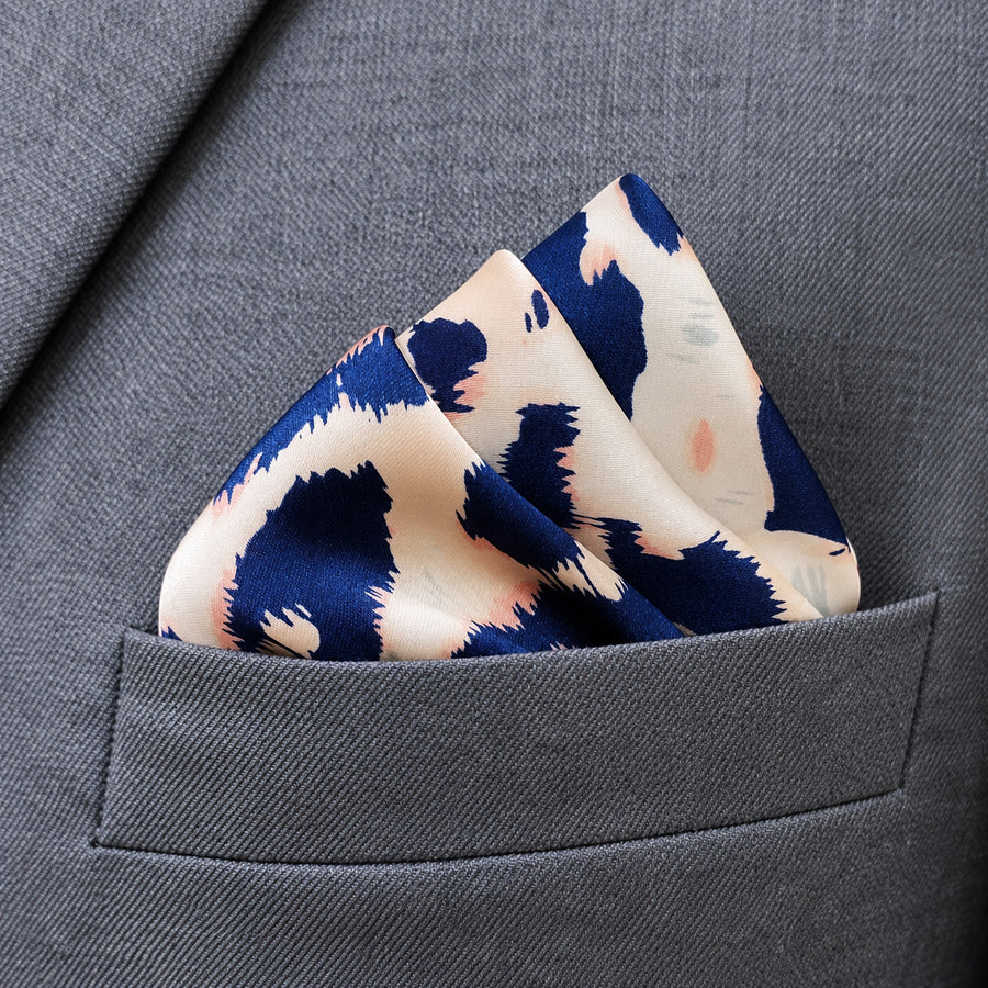 Snow Leopard pocket square — close-up wearing detail.