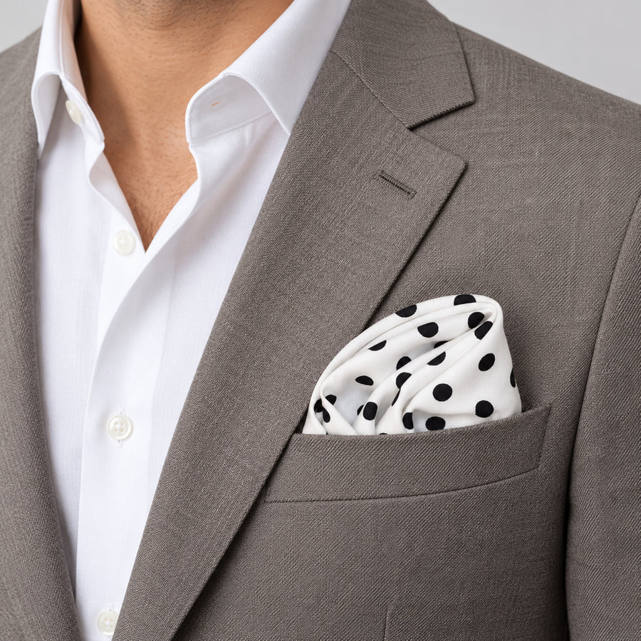 Snow White Base Polka pocket square — light jacket · wearing detail.