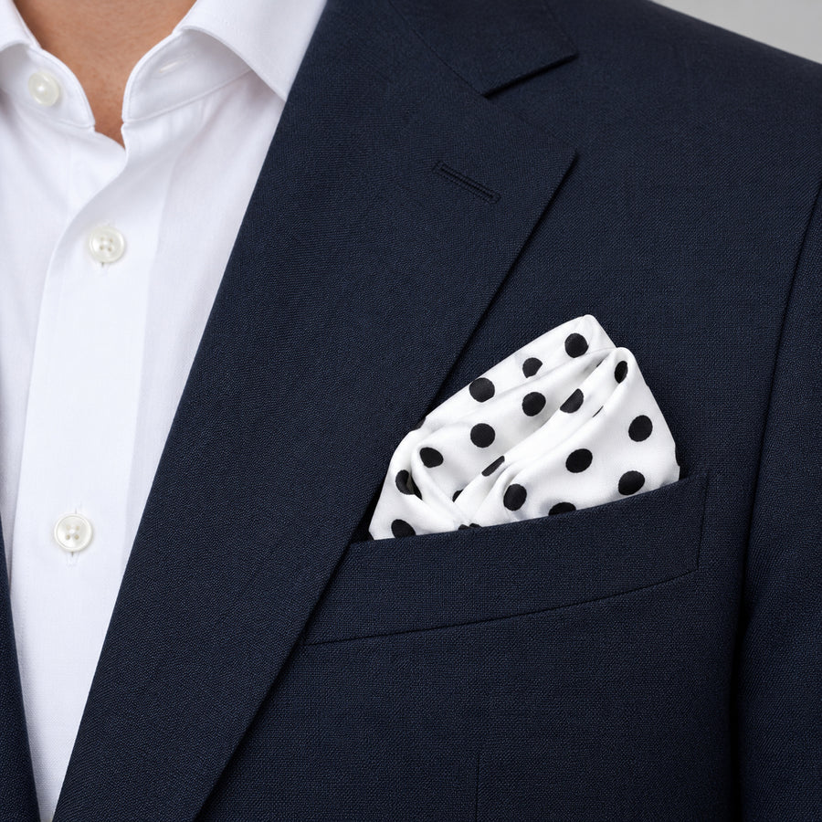 Snow White Base Polka pocket square — navy jacket · alternate fold.