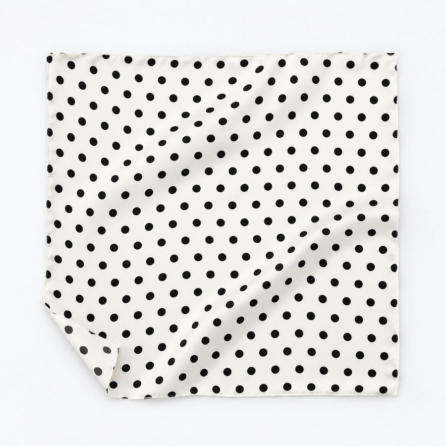Snow White Base Polka pocket square — unfolded studio detail.