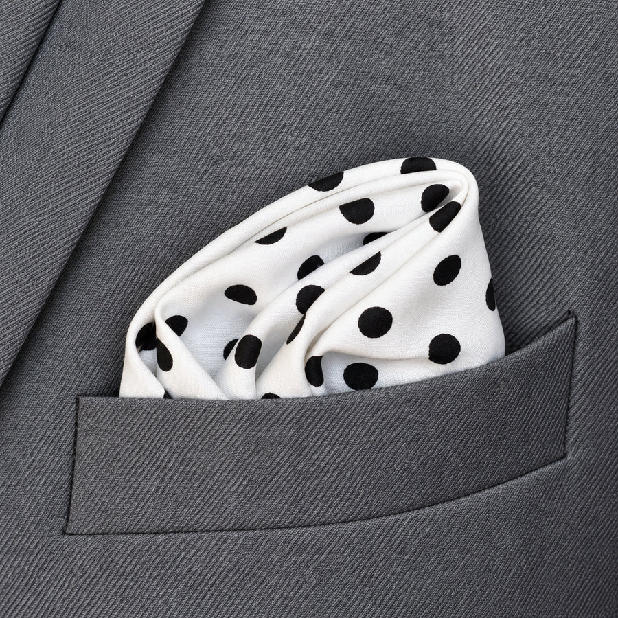 Snow White Base Polka pocket square — close-up wearing detail.