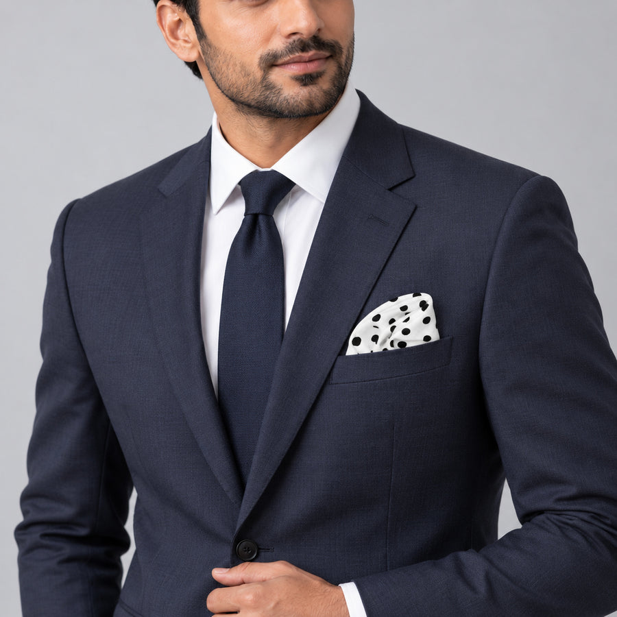Snow White Base Polka pocket square — formal model · navy and tie.