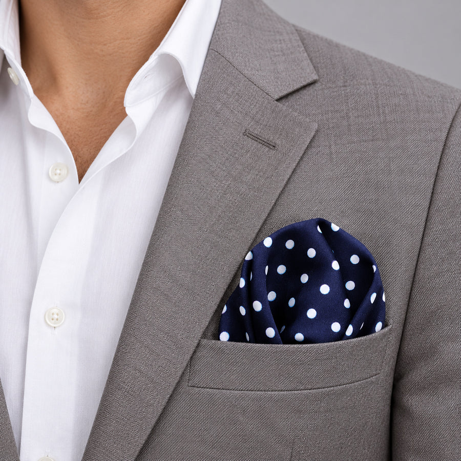 Starry Blue Night Polka Dots pocket square — light jacket · wearing detail.