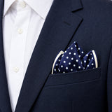 Starry Blue Night Polka Dots pocket square — navy jacket · alternate fold.
