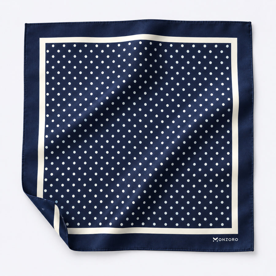 Starry Blue Night Polka Dots pocket square — unfolded studio detail.