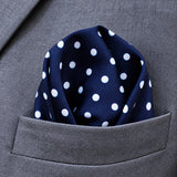Starry Blue Night Polka Dots pocket square — close-up wearing detail.