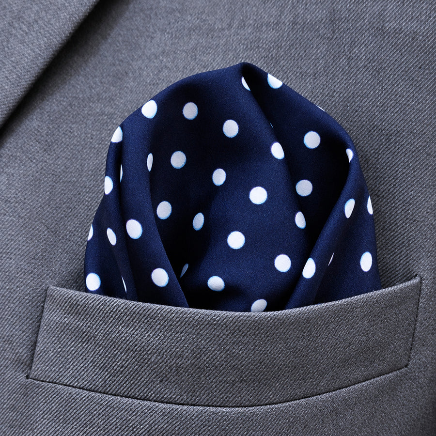 Starry Blue Night Polka Dots pocket square — close-up wearing detail.