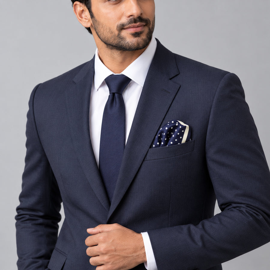 Starry Blue Night Polka Dots pocket square — formal model · navy and tie.