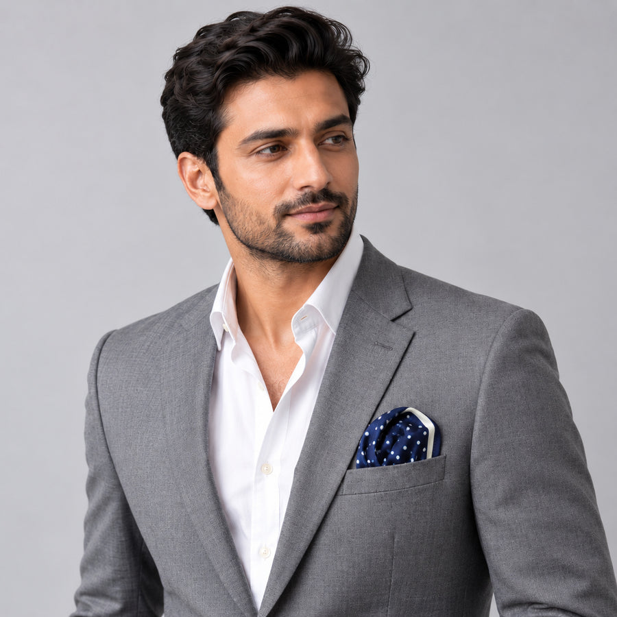 Starry Blue Night Polka Dots pocket square — model · light grey and open collar.