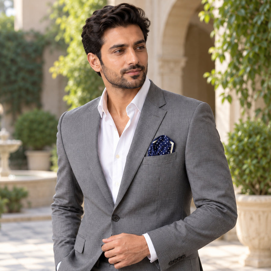Starry Blue Night Polka Dots pocket square — outdoor lifestyle.