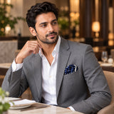 Starry Blue Night Polka Dots pocket square — restaurant lifestyle.