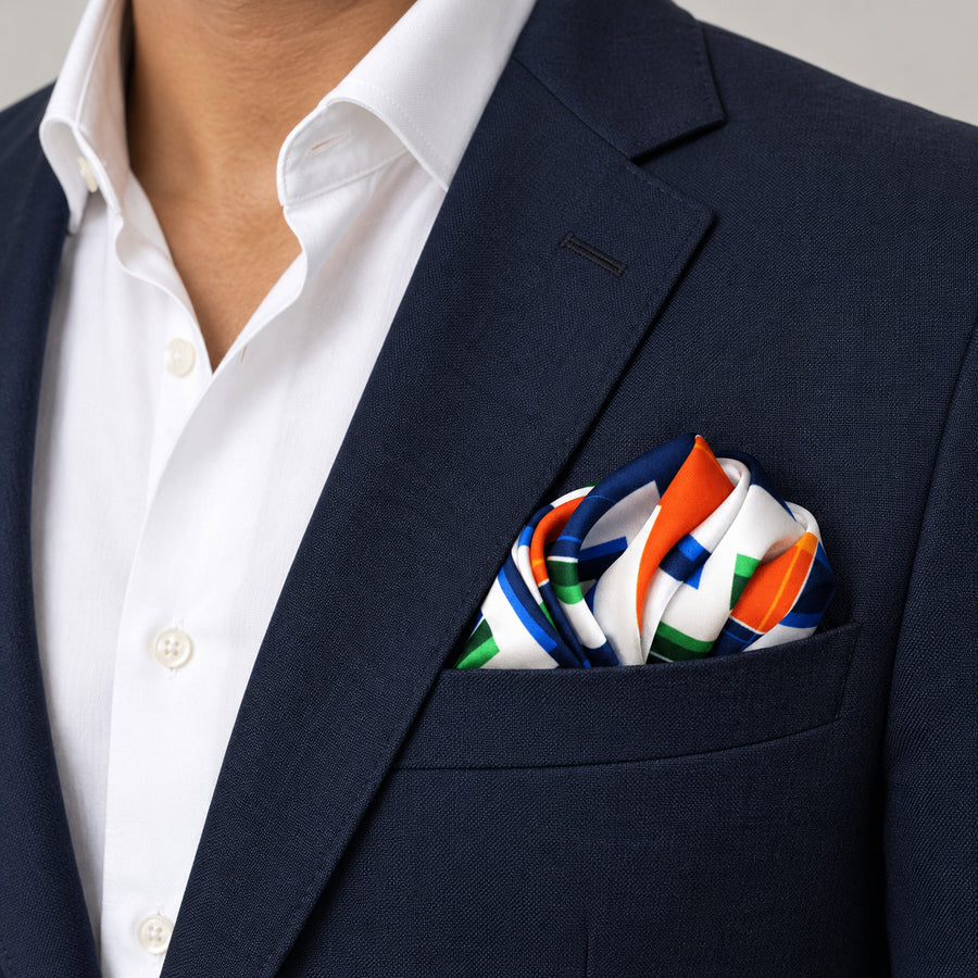 Techno Illusion pocket square — navy jacket · wearing detail.