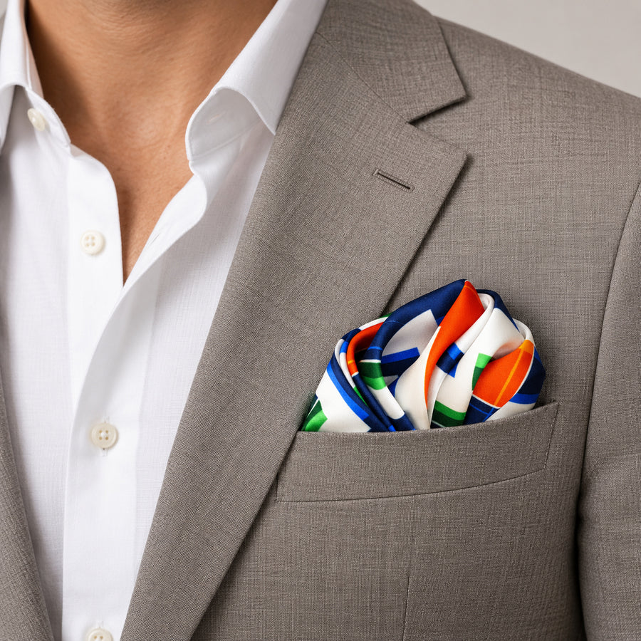 Techno Illusion pocket square — light jacket · wearing detail.