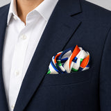 Techno Illusion pocket square — navy jacket · alternate fold.