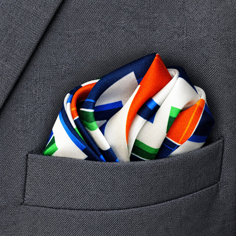 Techno Illusion pocket square — close-up wearing detail.