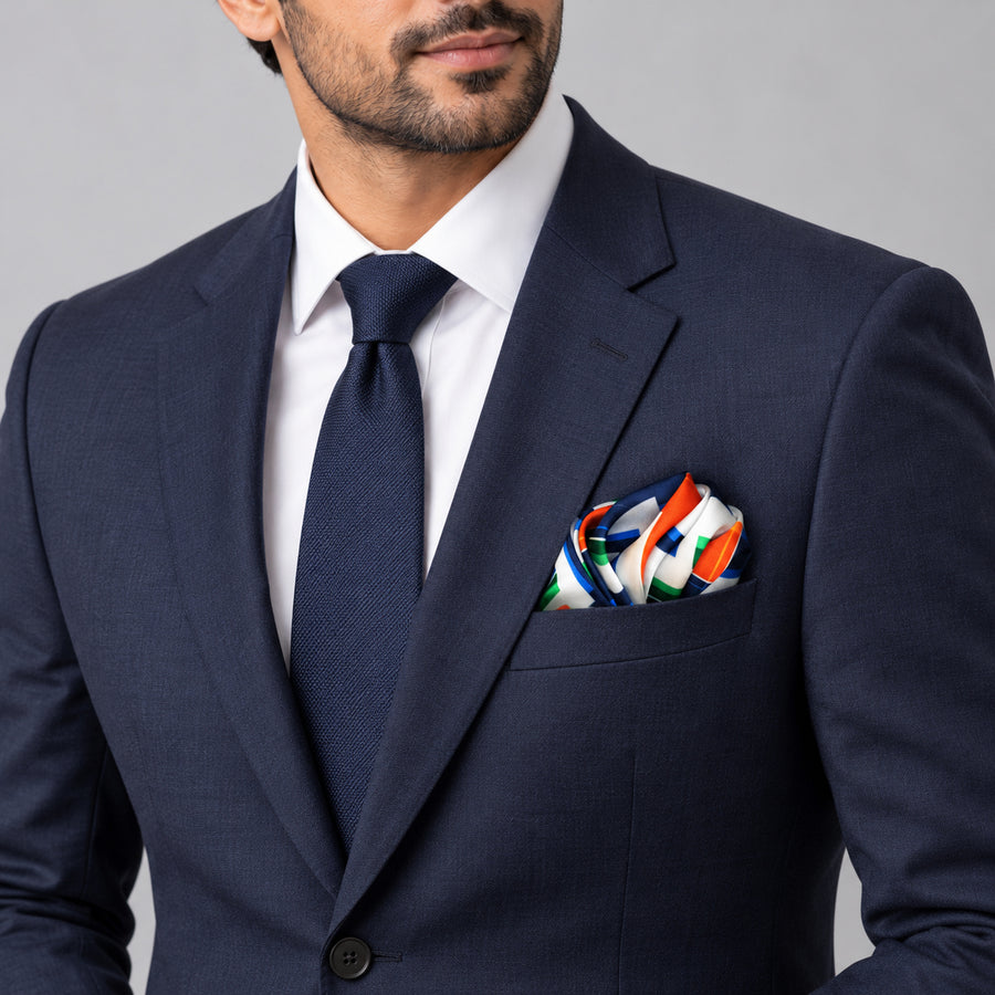 Techno Illusion pocket square — formal model · navy and tie.