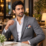 Techno Illusion pocket square — restaurant lifestyle.